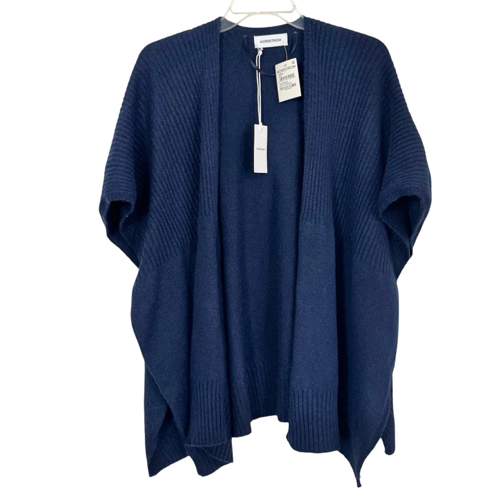 Nordstrom Ribbed Blue Stretch Polyester Blend Ruana Poncho Size OS New - Picture 2 of 15